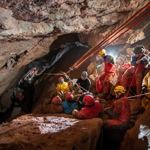 Evacuating an injured diver from Chamber 22, Wookey Hole (Pic: B.Biela)