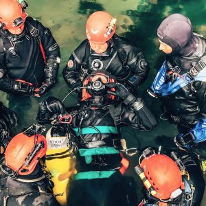Cave Divers using an Apeks MTX-R regulator during a rescue exercise at ResCon 2019, Wookey Hole, Somerset.